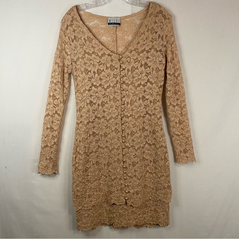 MICHI COLLECTION Nude Lace Midi Bodycon Dress Vintage 2 Piece Tan Size Large